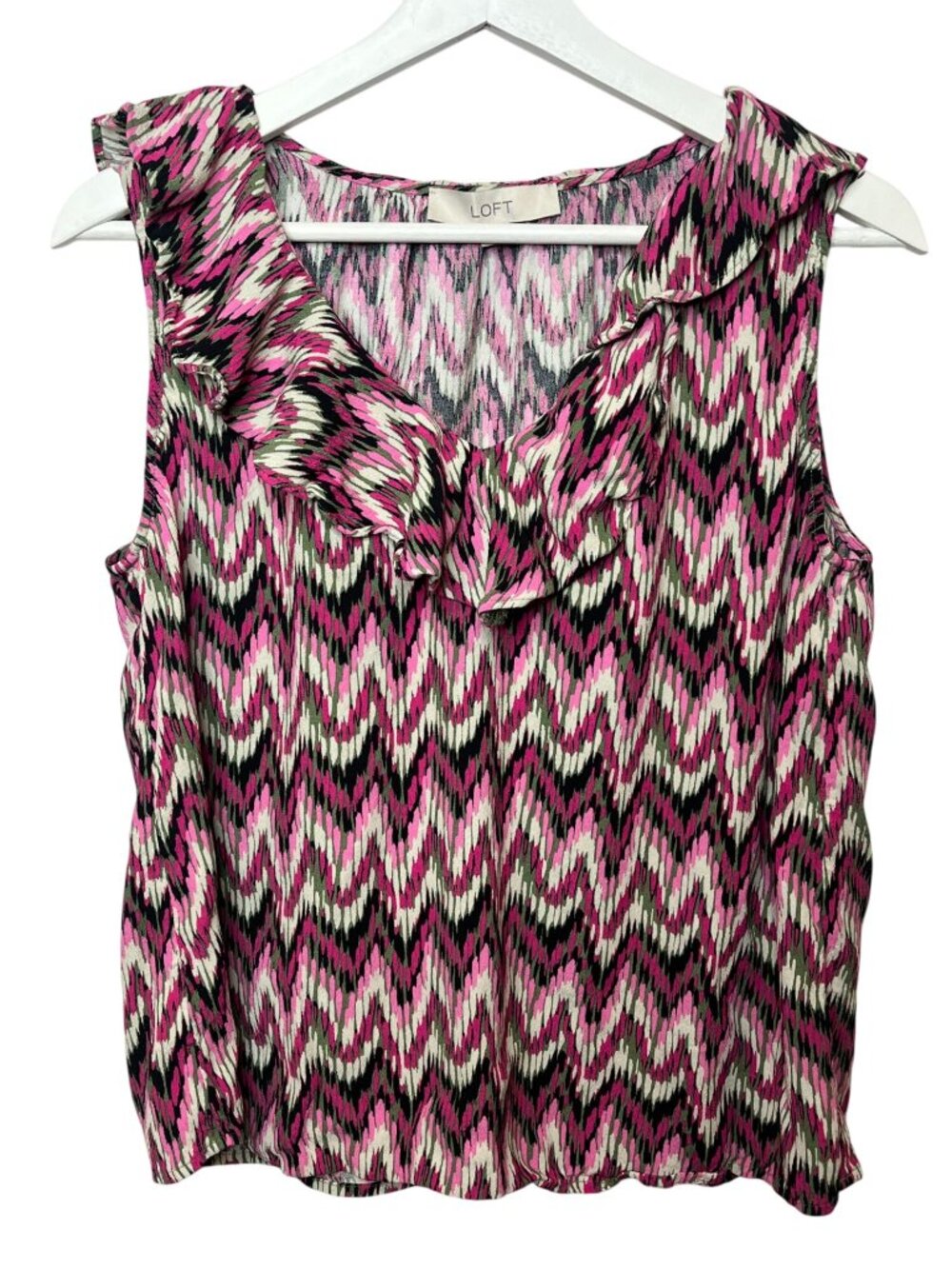 LOFT Sleeveless Blouse Size Large Pink Green Ikat Print